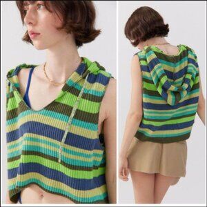 Urban Outfitters BDG Small Knit Stripes Reid Hooded Jumper Green Blue Sleeveless